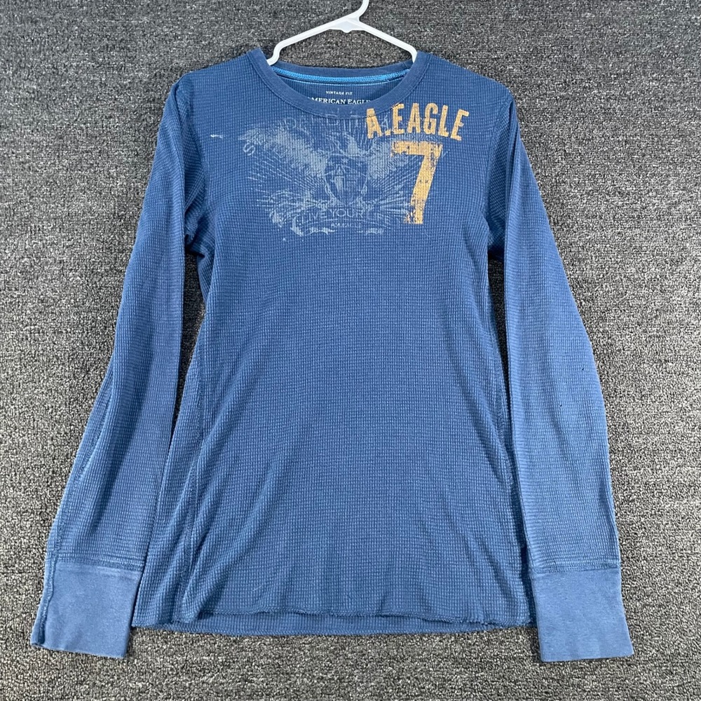 American Eagle Thermal Shirt Mens XS Blue Skater Waffle Knit Graphic Distressed